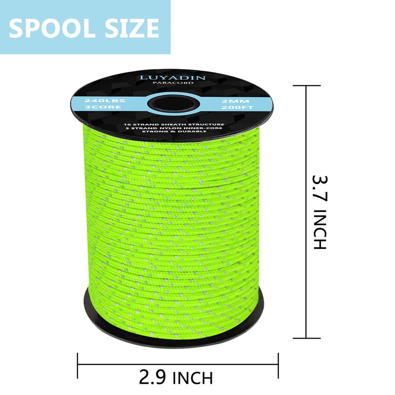 LUYADIN Reflective Paracord 240lb - Diameter 2mm Micro Utility Cord -3 Strand Parachute Spool Cord - 100ft 200ft,Paracord for Camping,Hiking,Fishing,Outdoor and DIY - Image 2